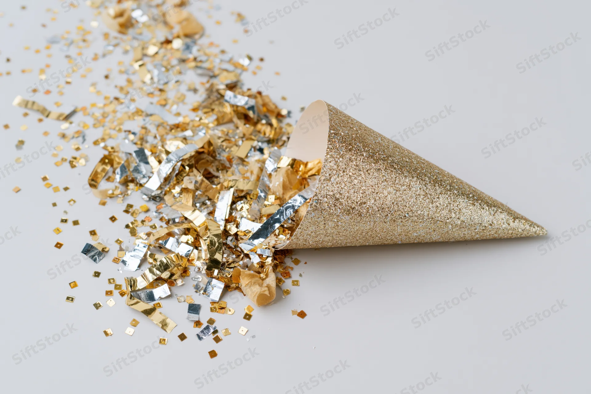 Gold glitter party cone lying on its side with scattered gold and silver confetti on a plain surface