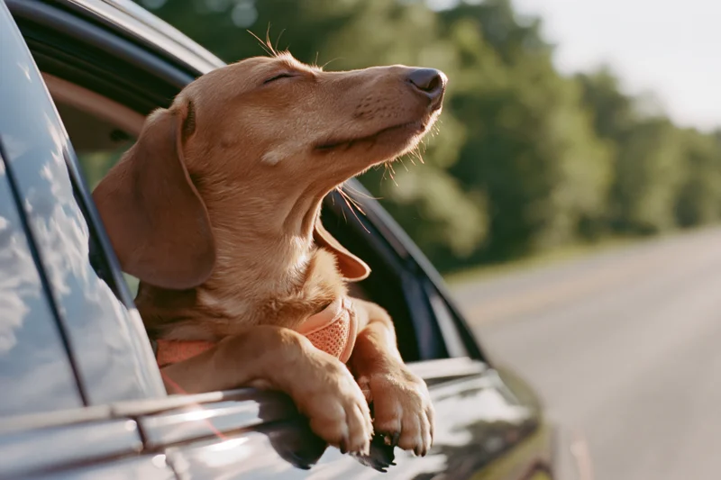 Golden-brown dachshund leaning out of car window with head and paws resting on frame during daytime drive on road surrounded by trees
