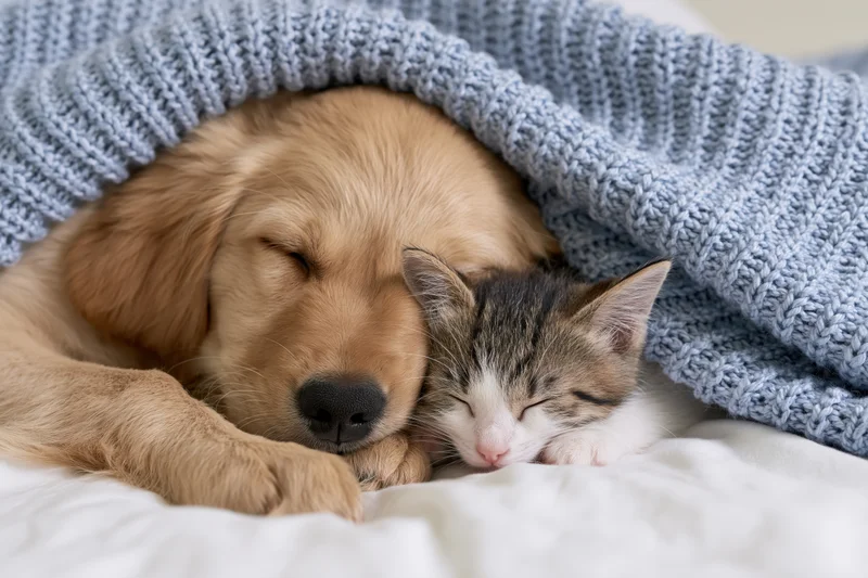 Golden retriever puppy and tabby-white kitten sleeping together under a blue knitted blanket on a bed