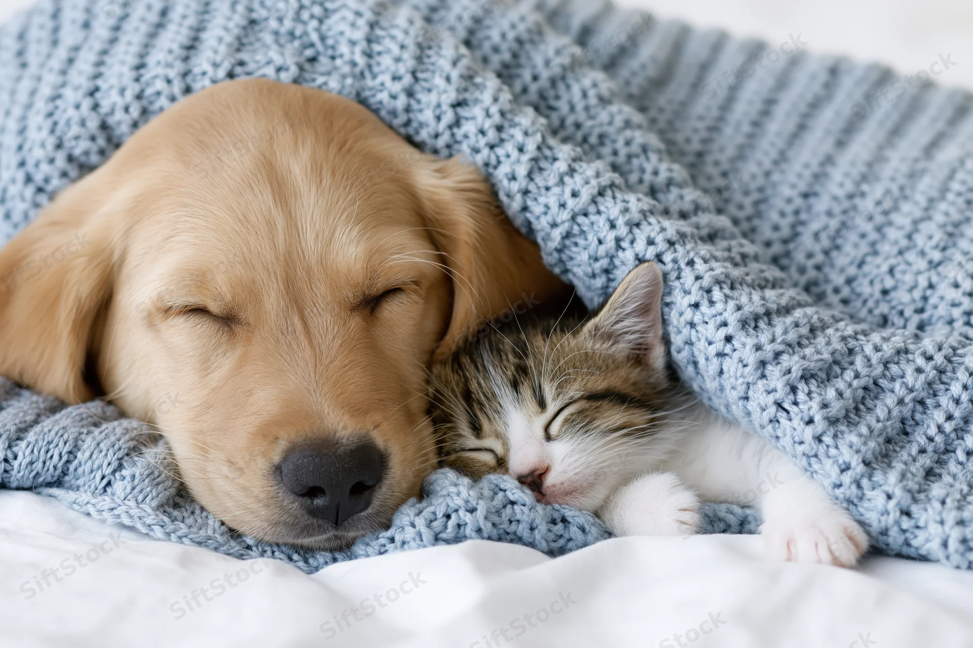 Golden puppy and tabby-white kitten sleeping together under a blue knitted blanket