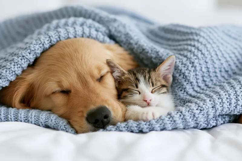 Golden retriever puppy and tabby-white kitten sleeping together under a blue knitted blanket on a bed