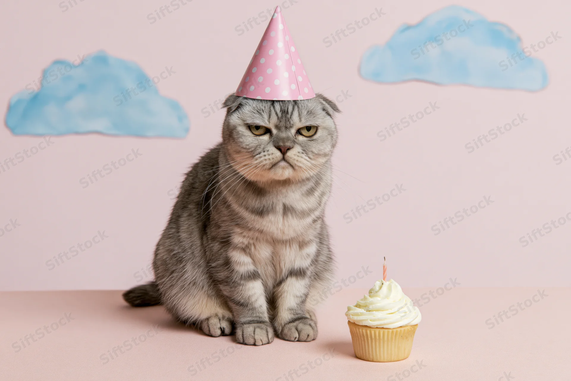 Grumpy grey scottish fold cat wearing pink polka dot party hat sitting beside birthday cupcake with candle on pastel pink background with blue clouds