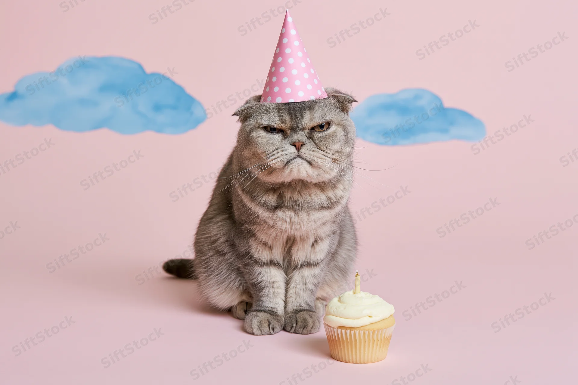 Grumpy grey scottish fold cat wearing pink polka dot party hat sitting beside cupcake with candle on pink background with blue clouds
