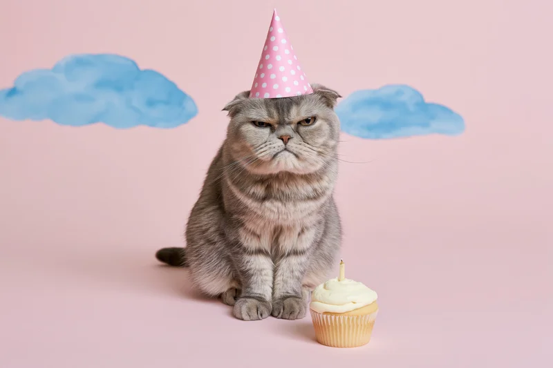 Grumpy grey scottish fold cat wearing pink polka dot party hat sitting beside cupcake with candle on pink background with blue clouds