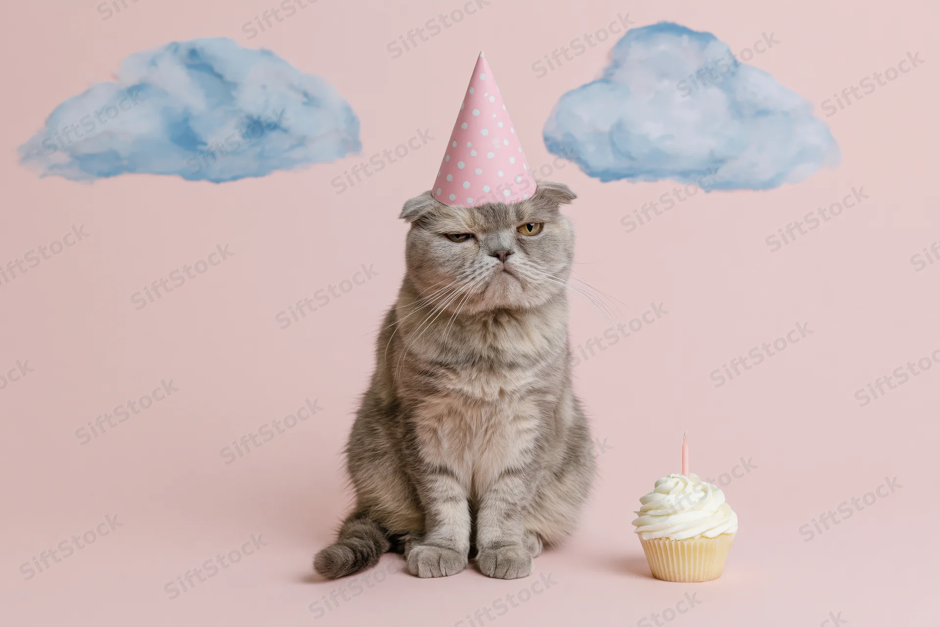 Grey scottish fold tabby cat sitting upright wearing pink polka dot party hat beside cupcake with candle on pastel pink background with painted clouds
