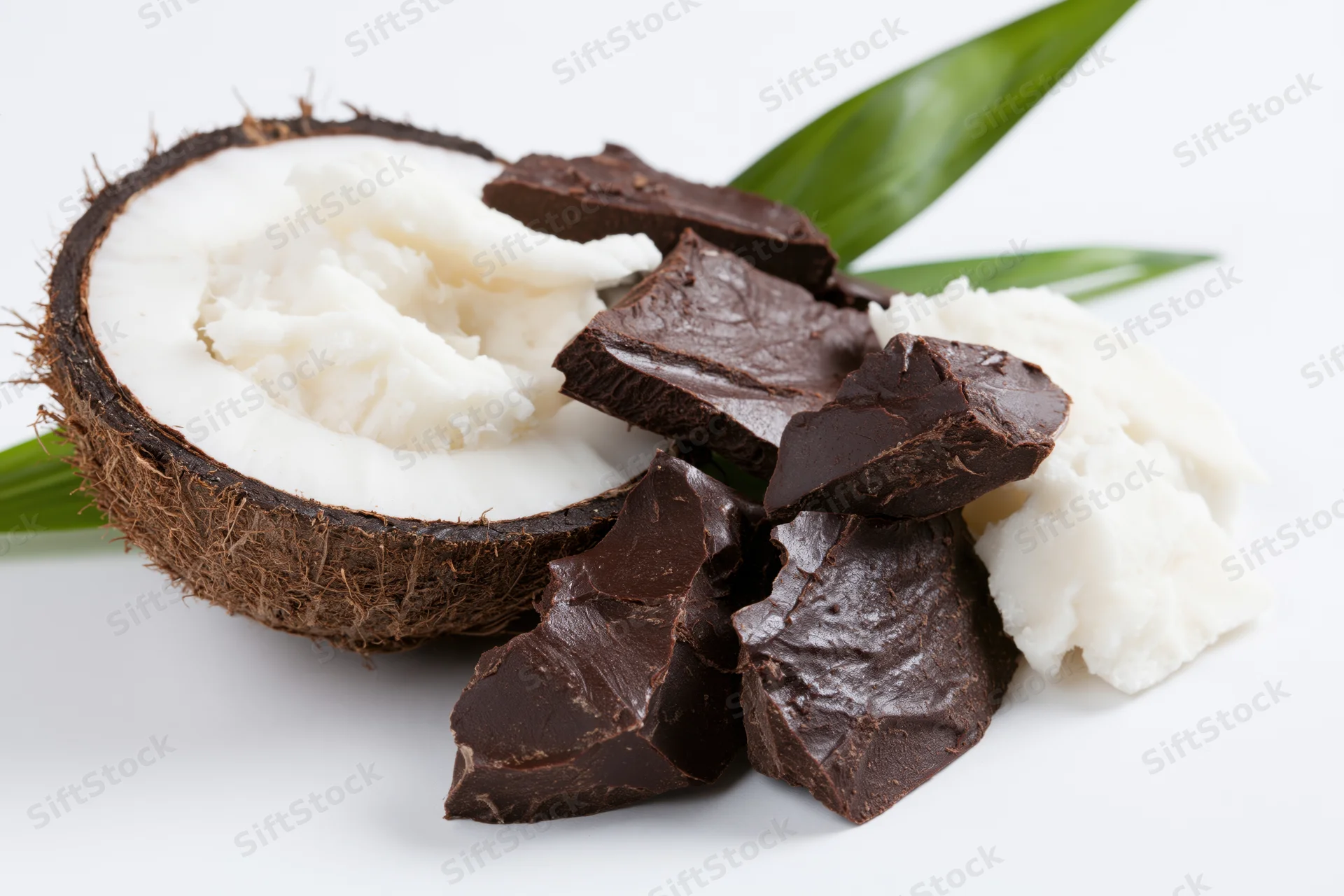 Halved coconut with white flesh and broken dark chocolate pieces on white background with green leaf