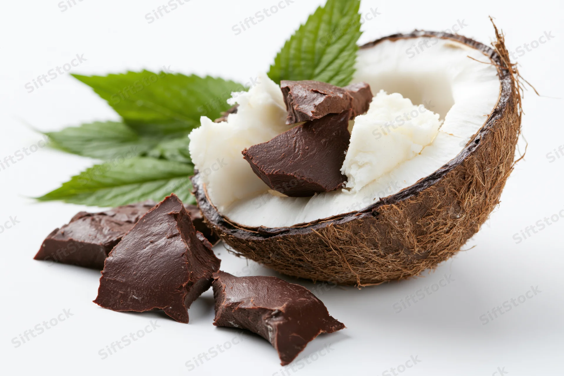 Halved coconut with white flesh and broken dark chocolate pieces on white background