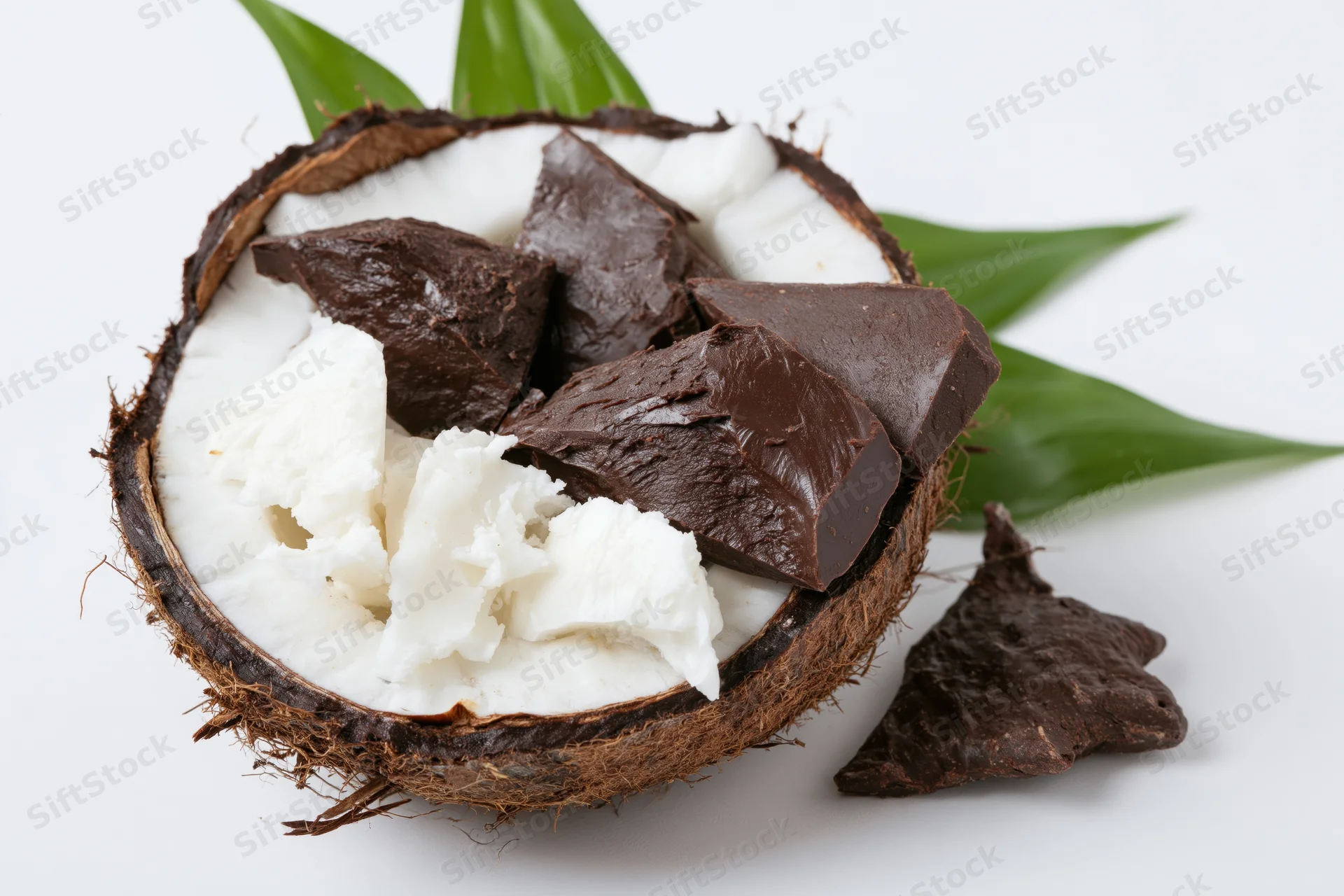 Halved coconut with white flesh and broken dark chocolate pieces arranged on white background with green leaves