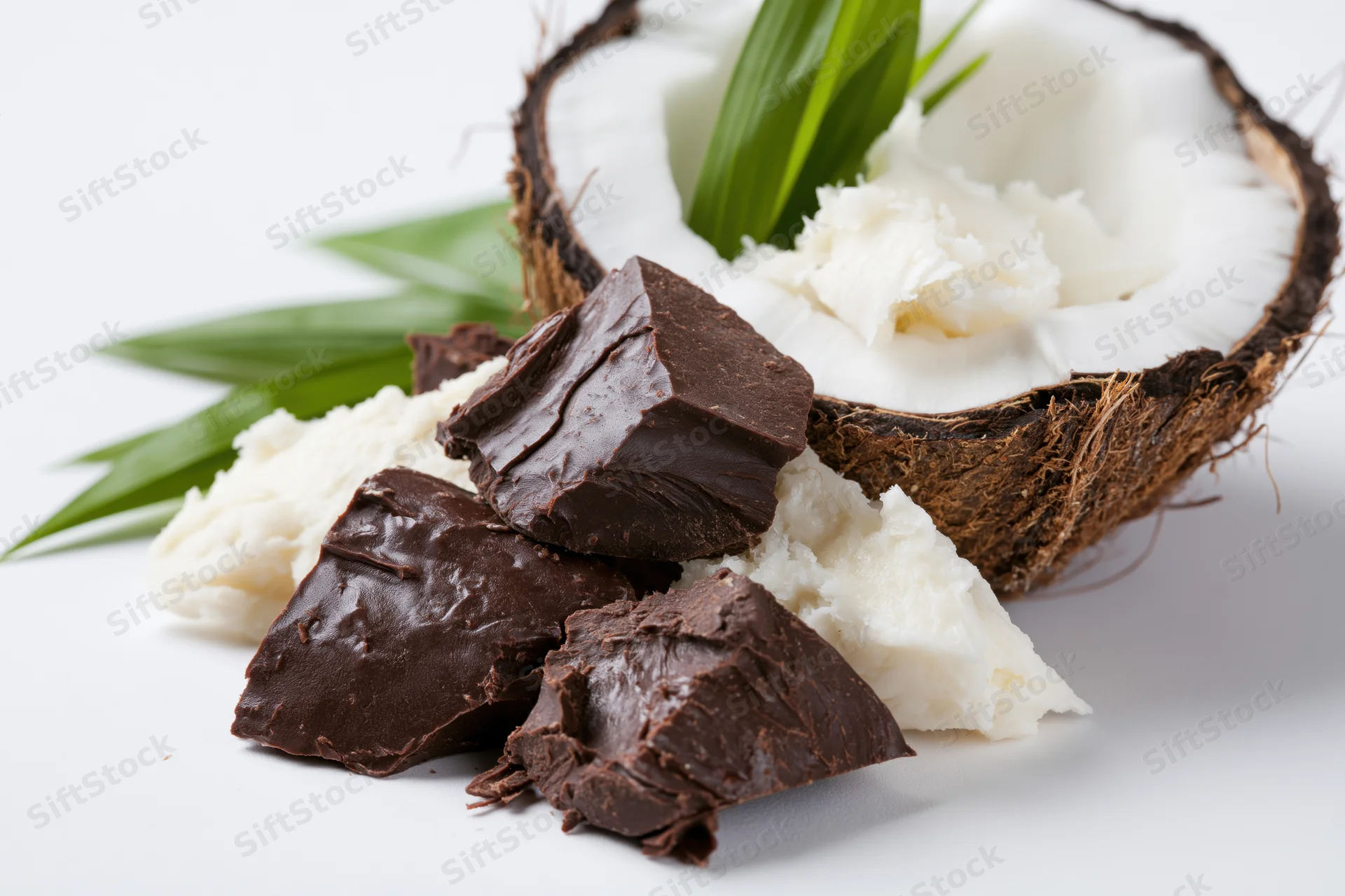 Broken dark chocolate pieces and halved coconut with white flesh and green leaves on white background