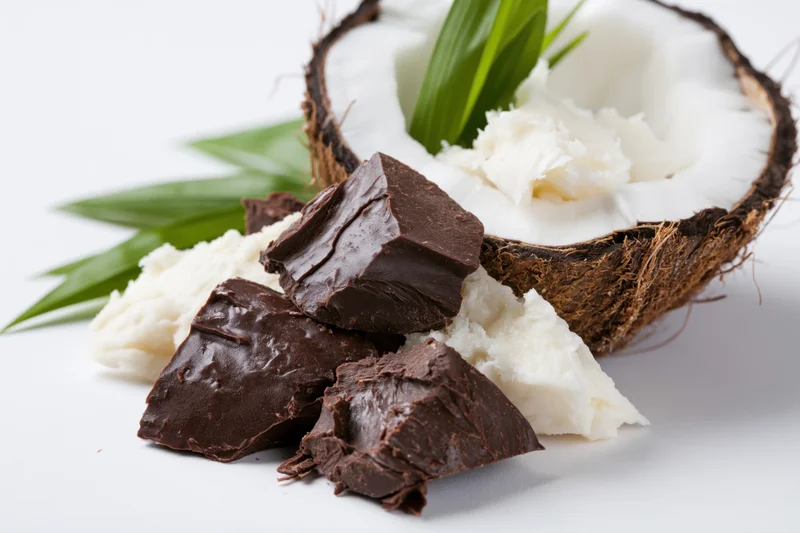Broken dark chocolate pieces and halved coconut with white flesh and green leaves on white background
