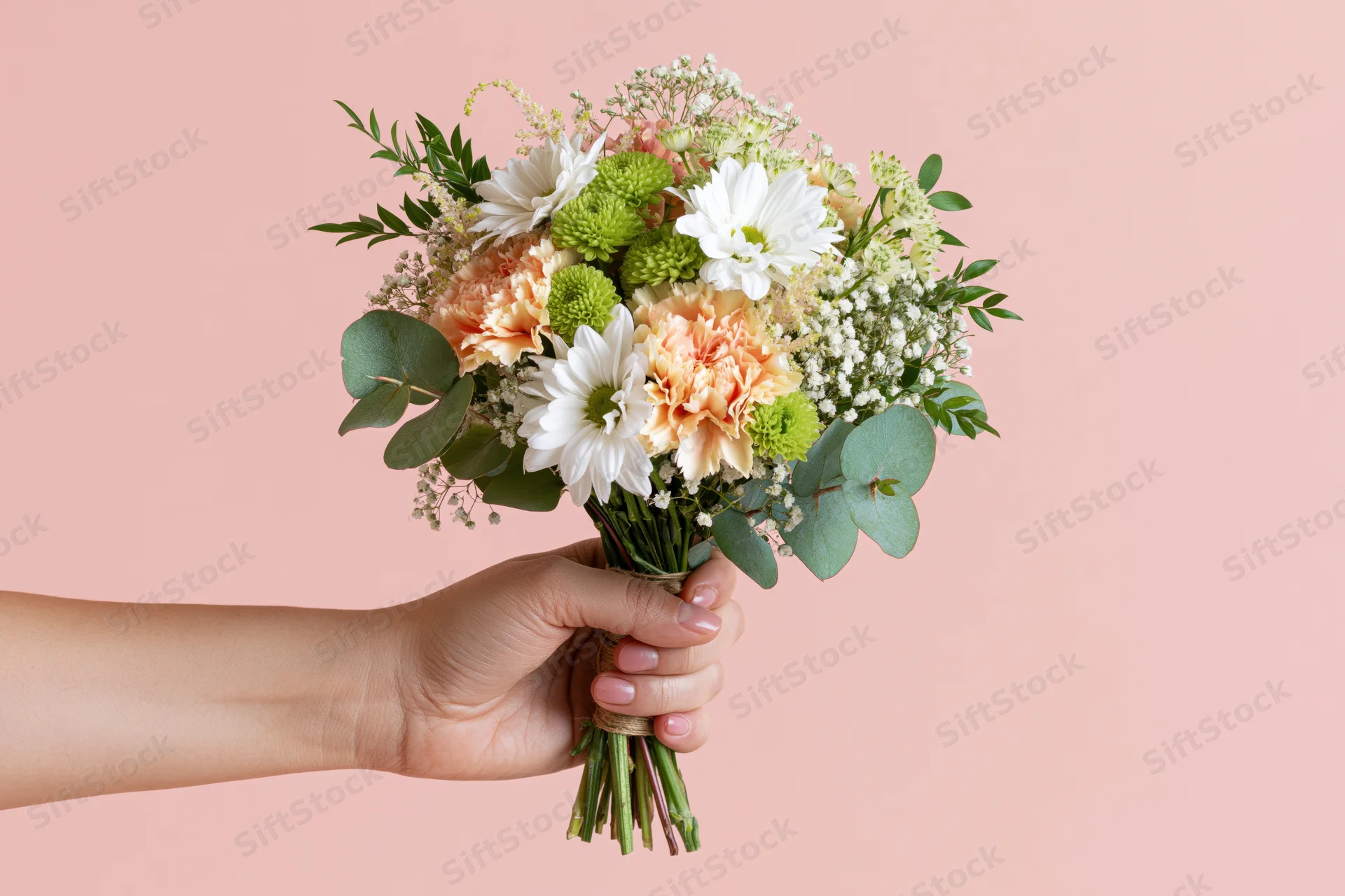 Woman's hand holding a mixed flower bouquet extended toward the camera against a pink background
