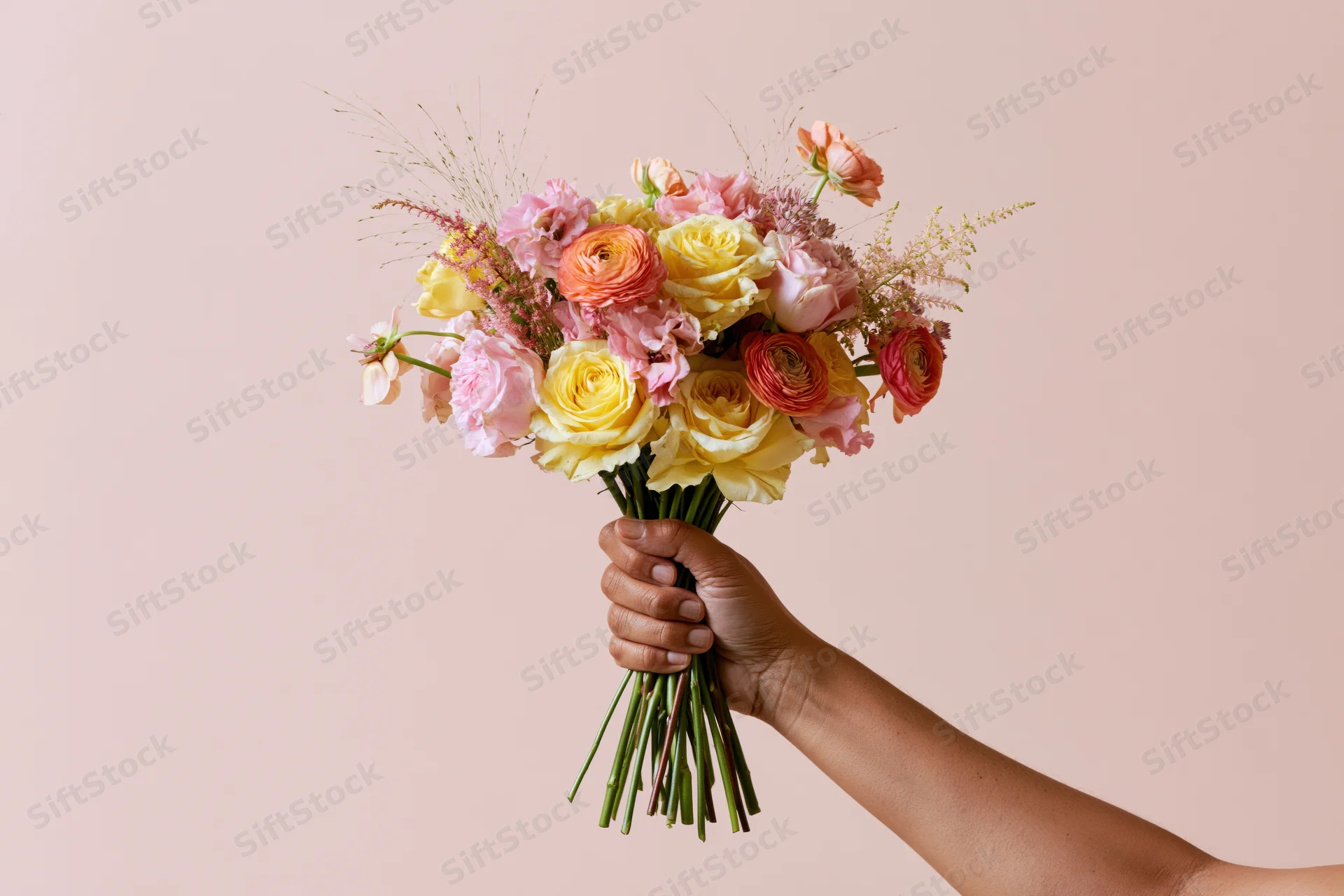 Hand holding a loose mixed flower bouquet with yellow roses and pink ranunculus against a soft pink background