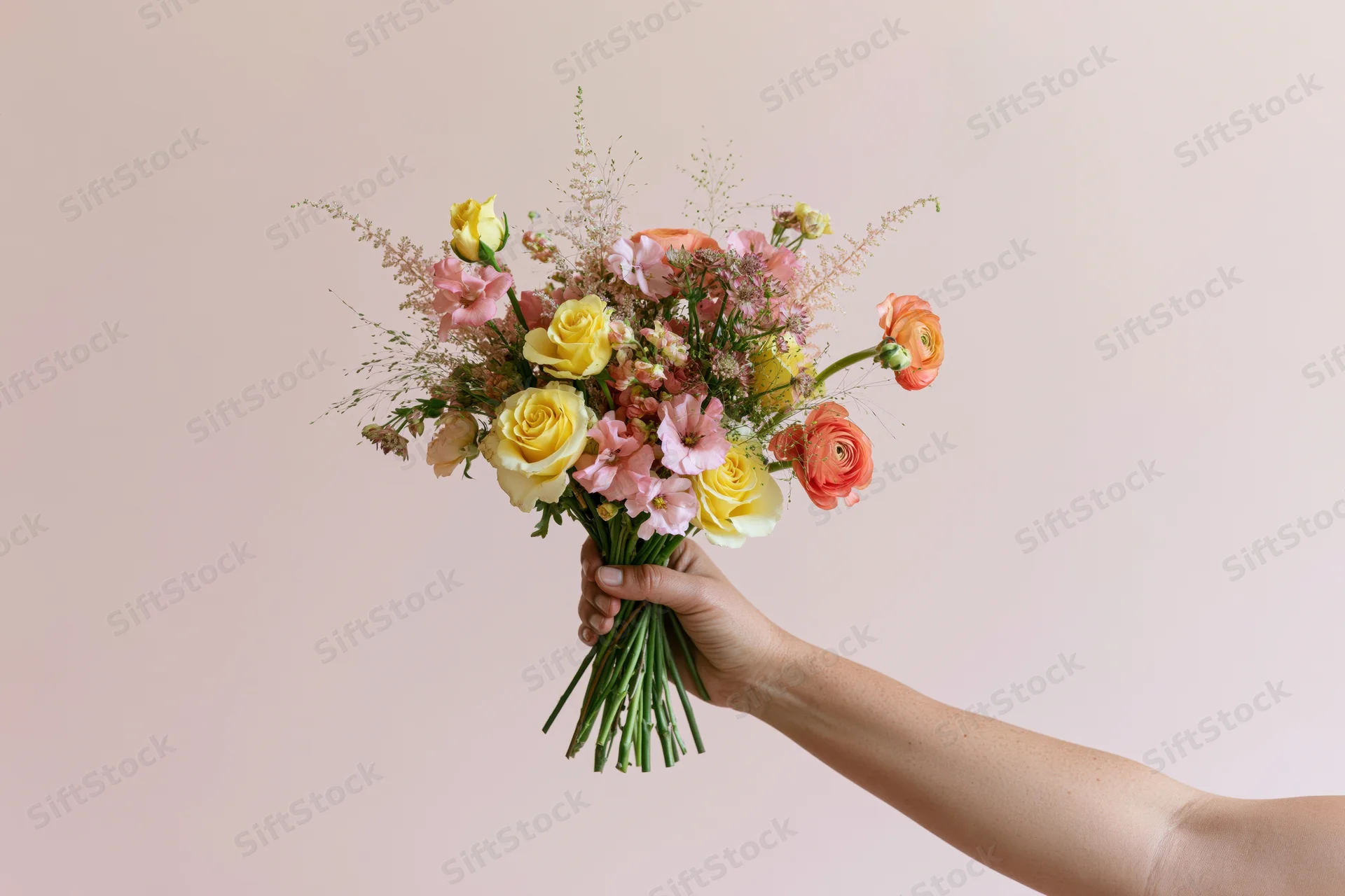 Woman holding a loose mixed flower bouquet with yellow roses and pink ranunculus against a soft pink background