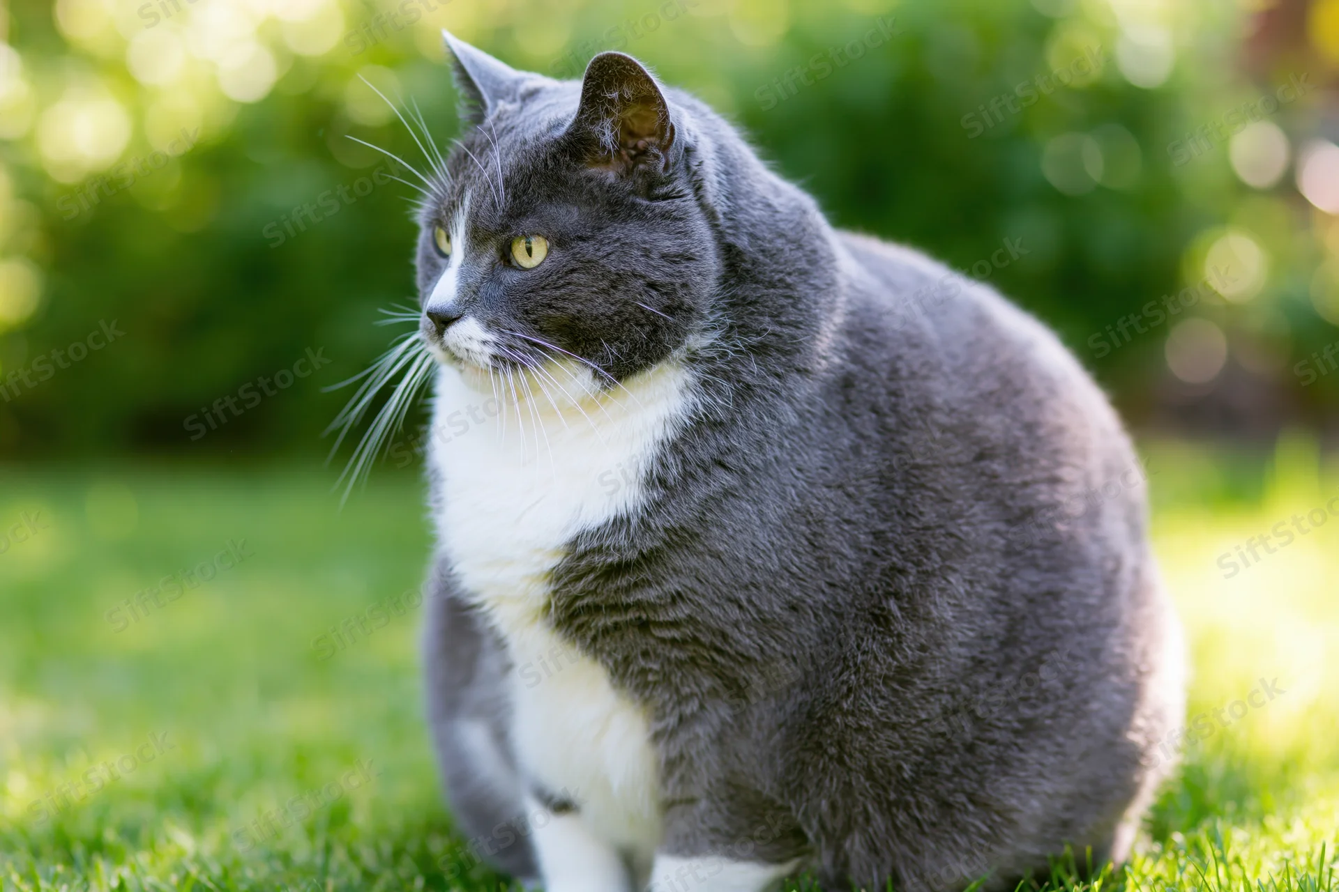 Heavyset grey and white domestic cat sitting upright on a grassy lawn in a sunlit garden