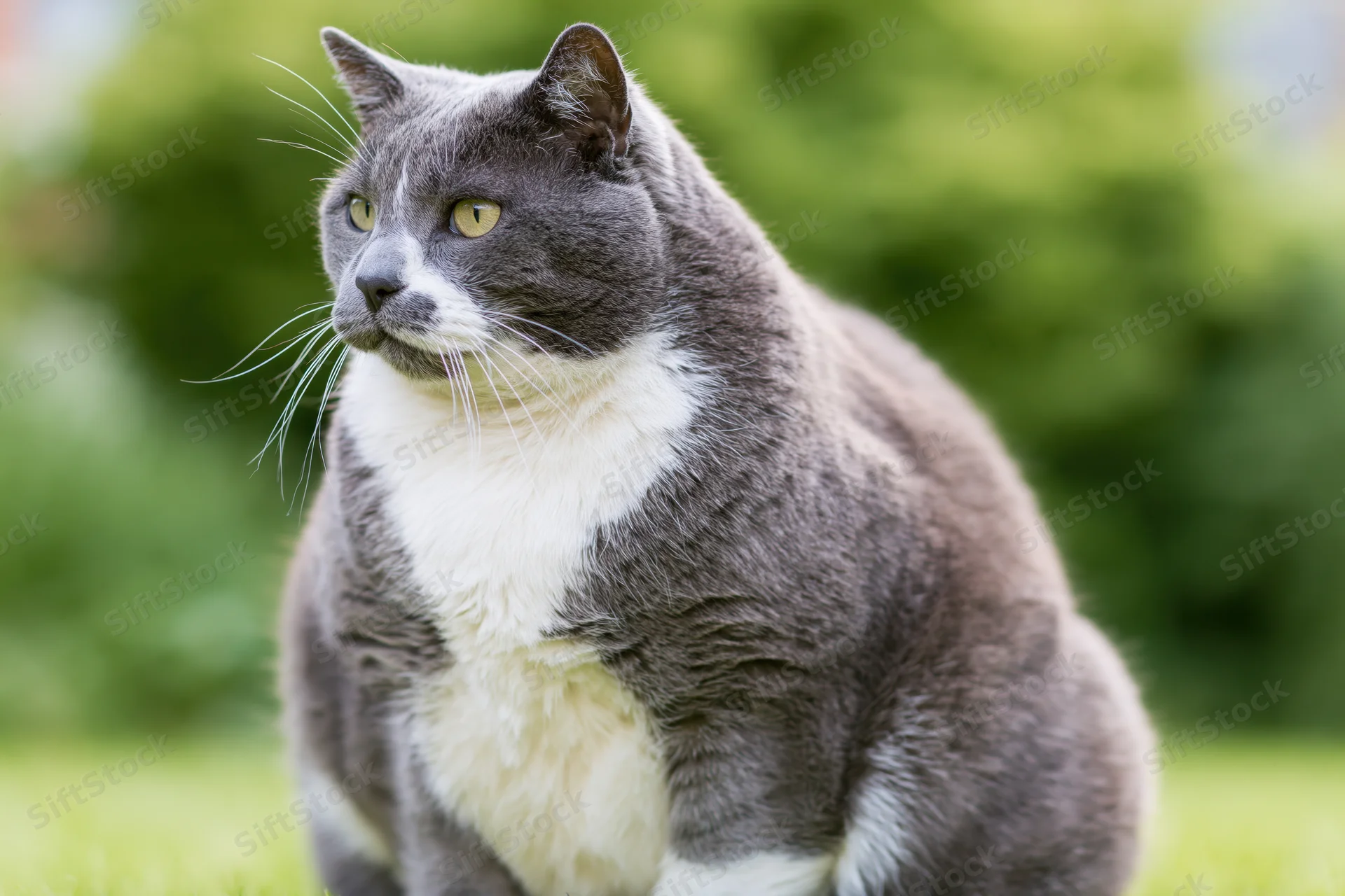 Heavyset grey and white domestic cat sitting upright on grass in a garden