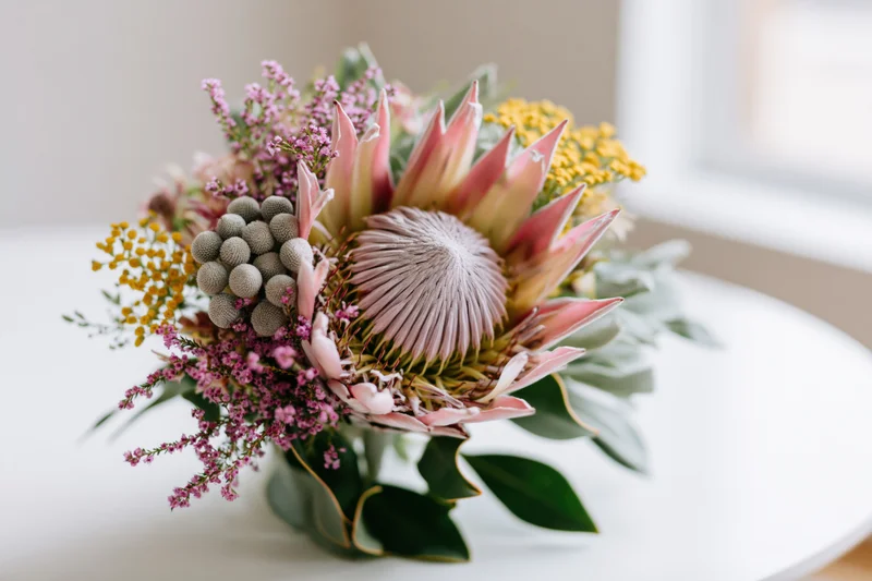 King protea at center of mixed wildflower bouquet on white table