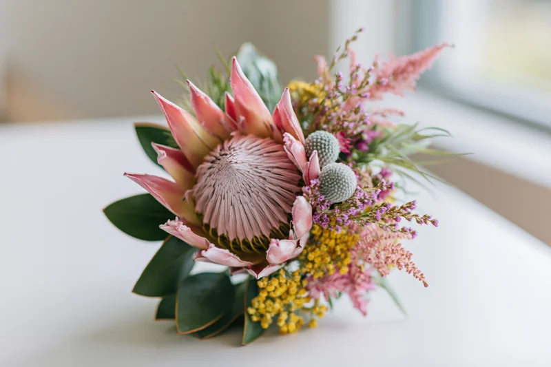 King protea at center of mixed wildflower bouquet on white surface