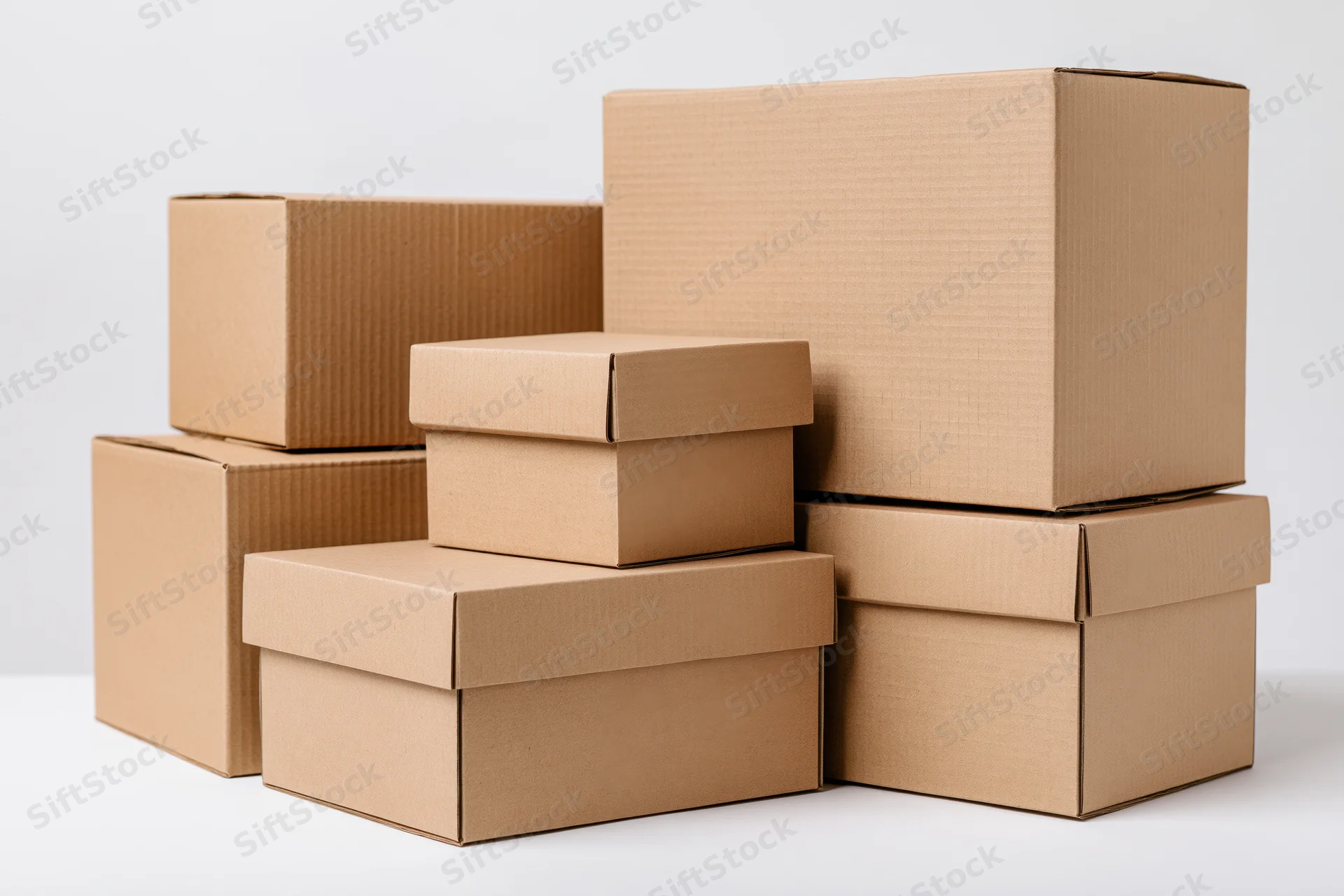 Closed corrugated cardboard boxes stacked in a pile on a white surface