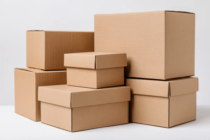 Closed corrugated cardboard boxes stacked in a pile on a white surface