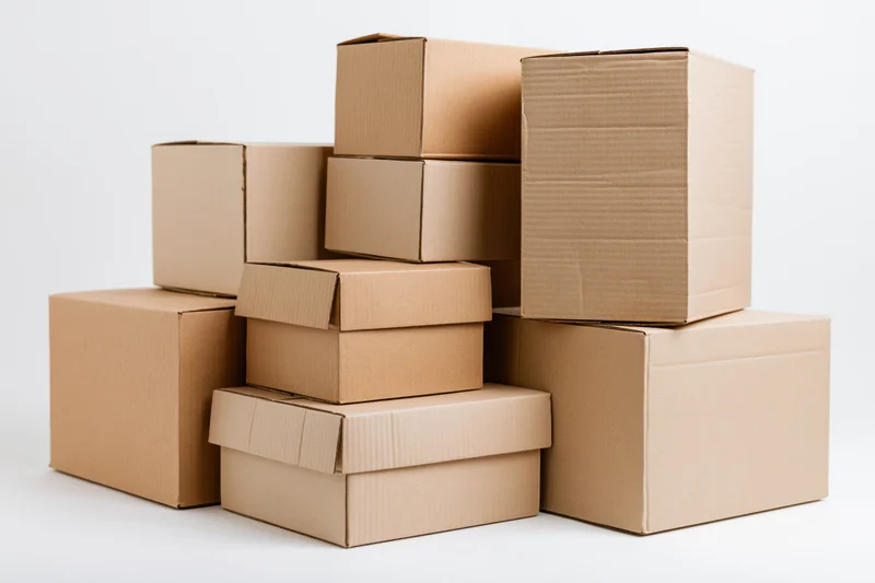 Closed corrugated cardboard boxes stacked in a pile on a white background