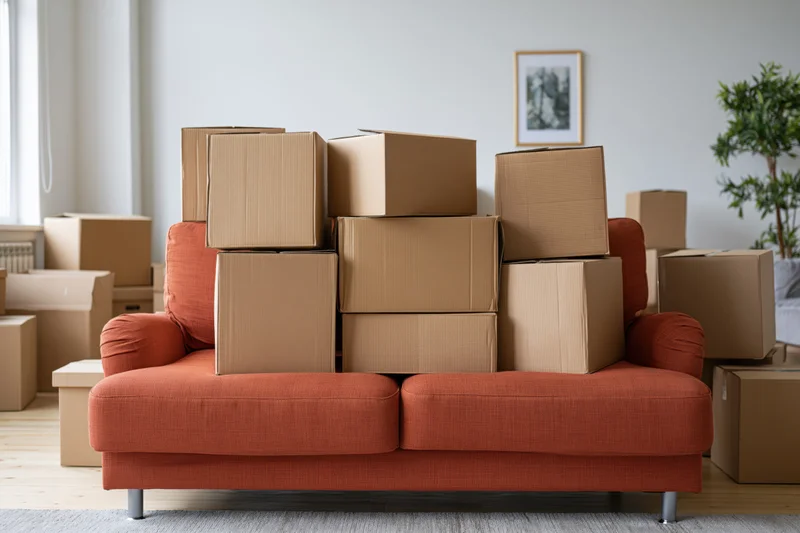 Stacked cardboard moving boxes on an orange couch in a living room