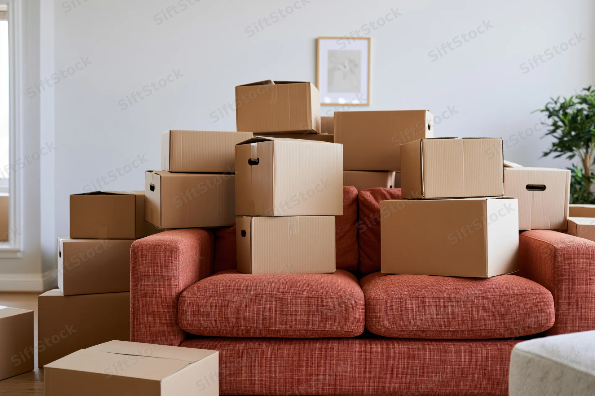 Stacked cardboard moving boxes on a red sofa in a living room