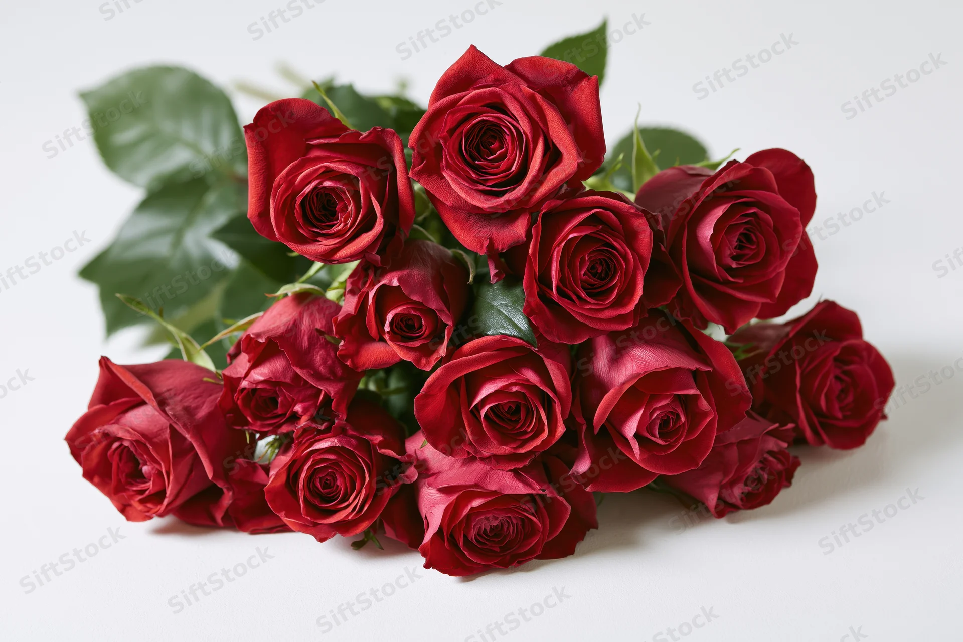 Loose bouquet of deep red roses with dark green leaves on white background