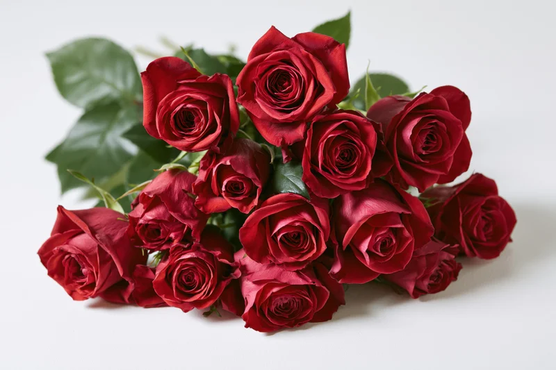 Loose bouquet of deep red roses with dark green leaves on white background