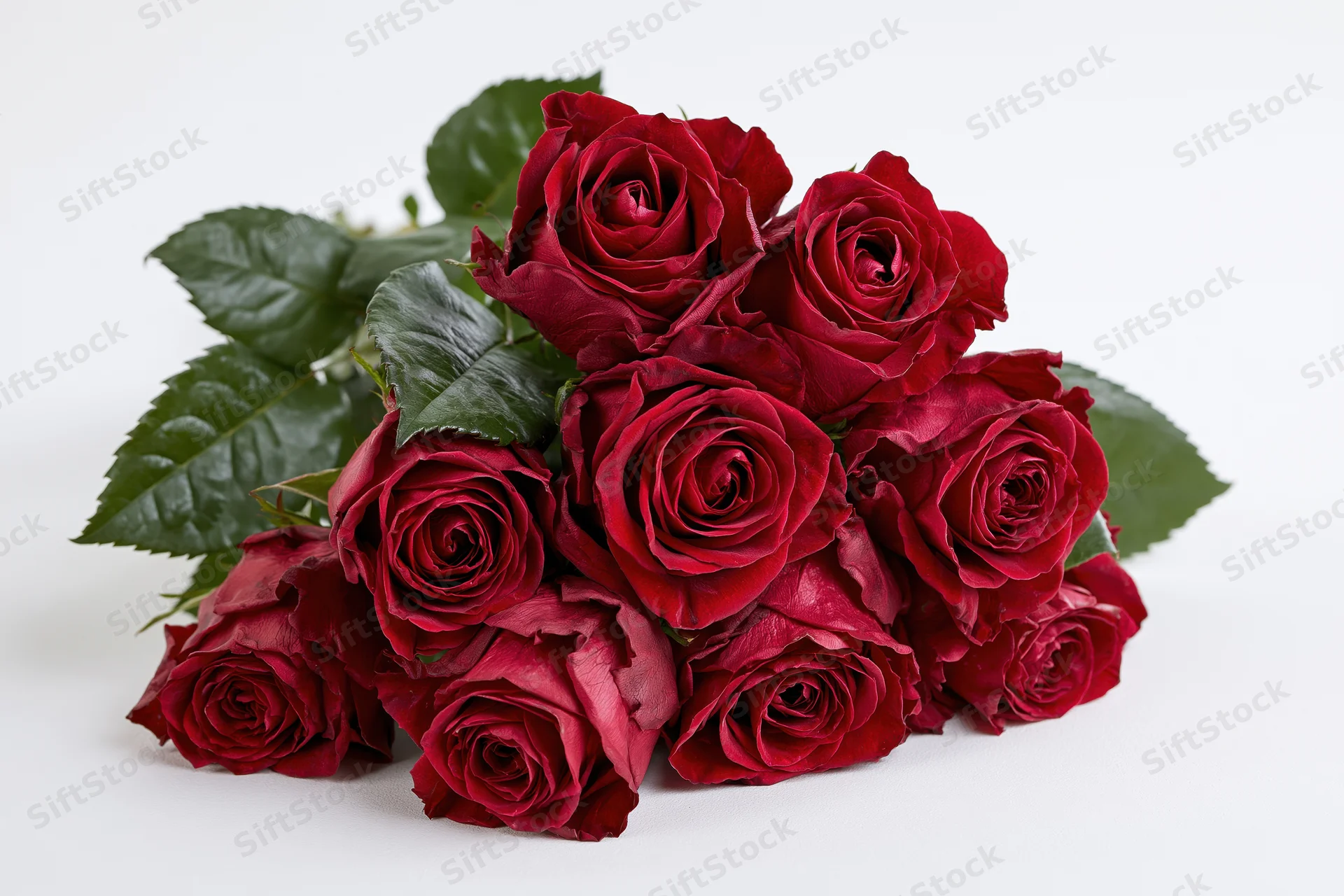 Loose bouquet of deep red roses with dark green leaves on white background