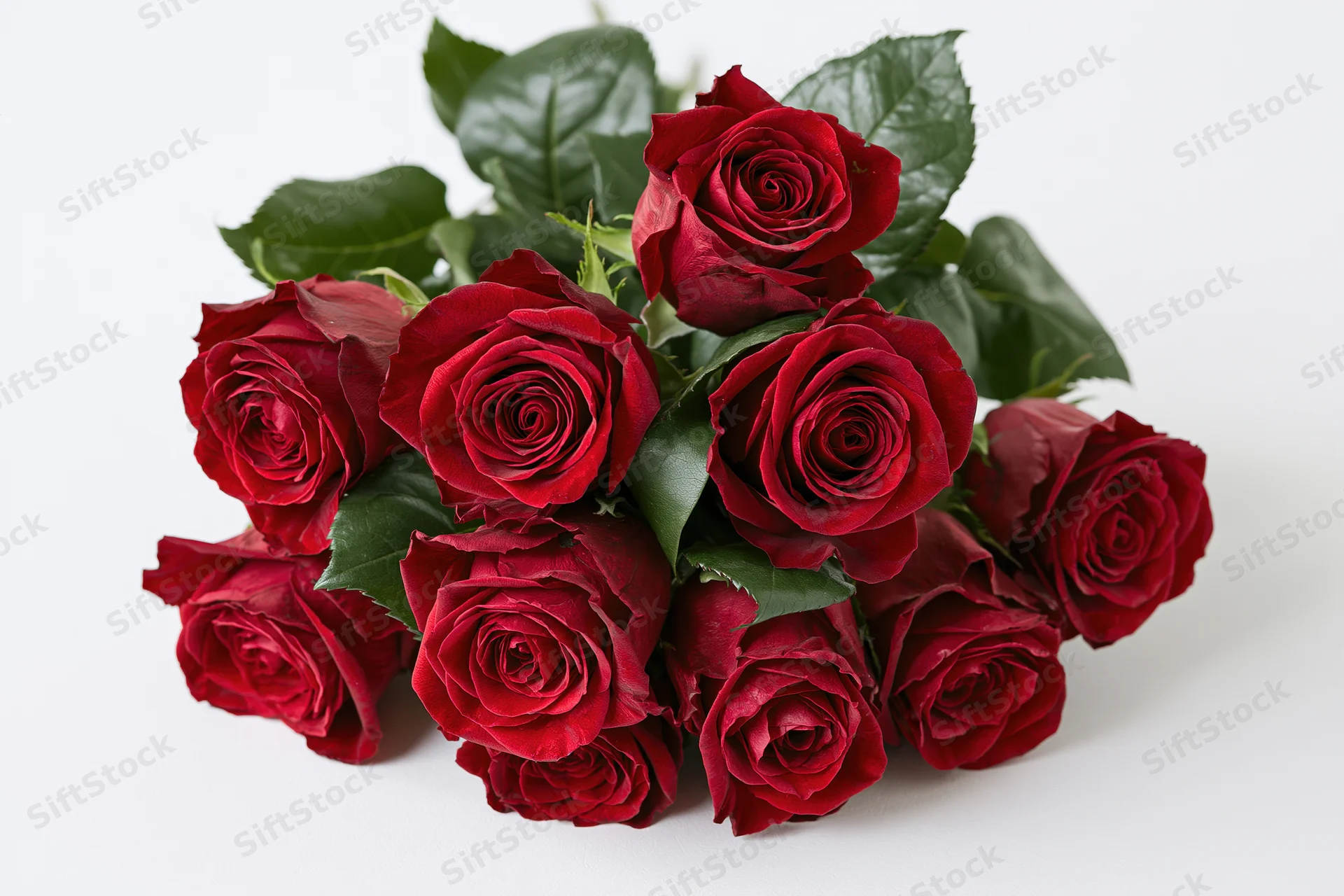 Loose bouquet of deep red roses with dark green leaves on white background