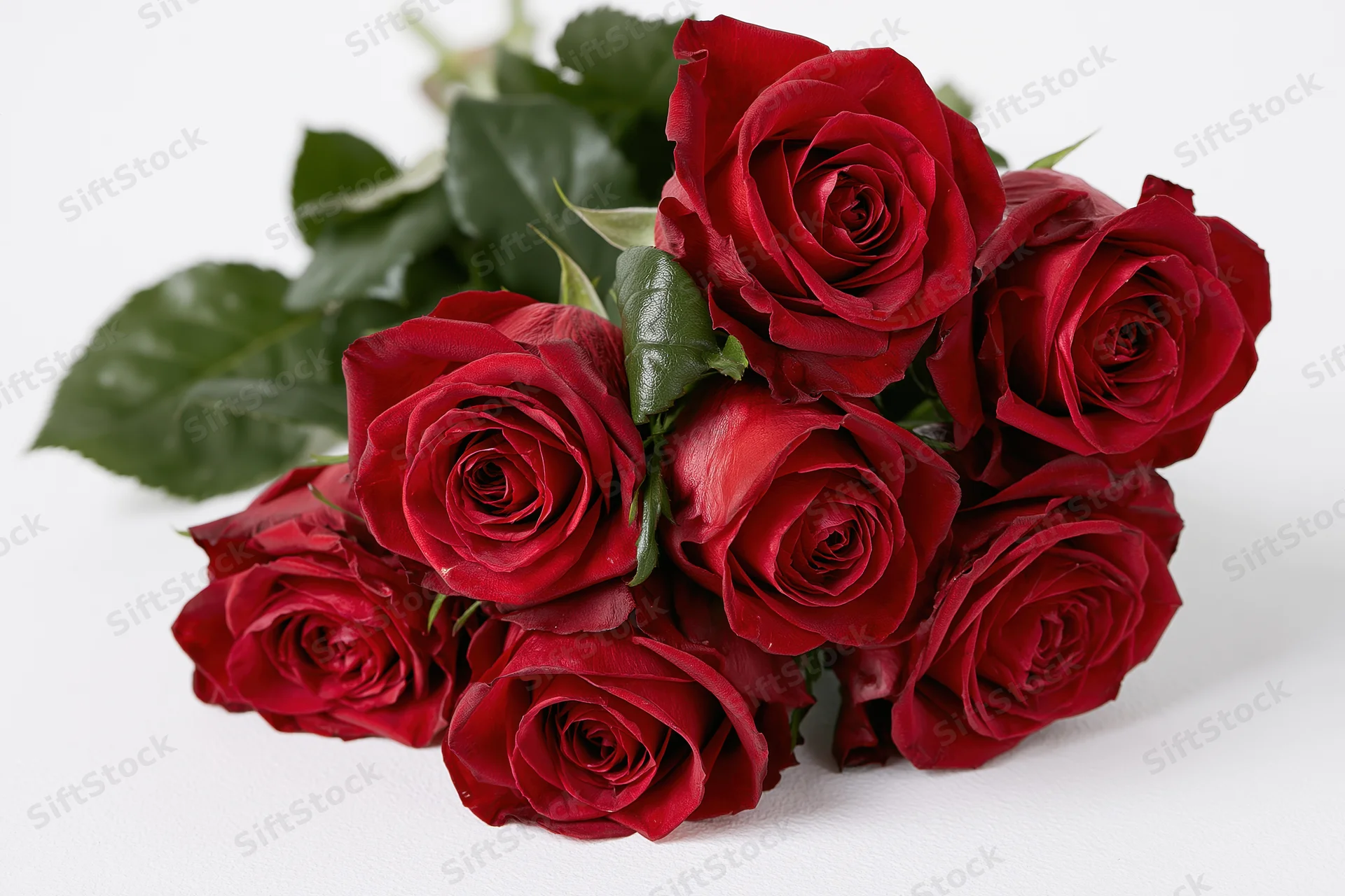 Loose bouquet of deep red roses with dark green leaves on white background