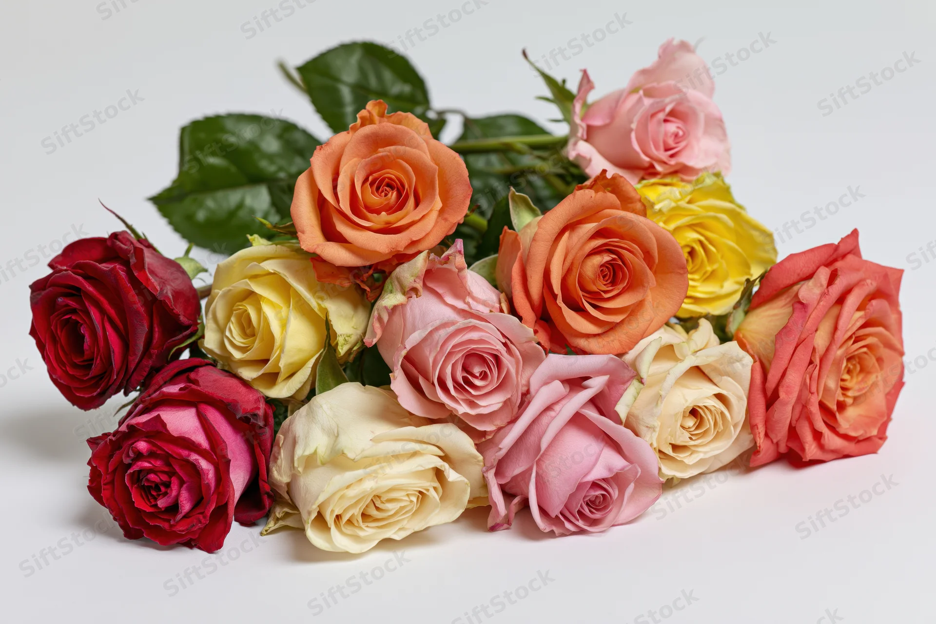 Loose bouquet of mixed roses lying flat on white background