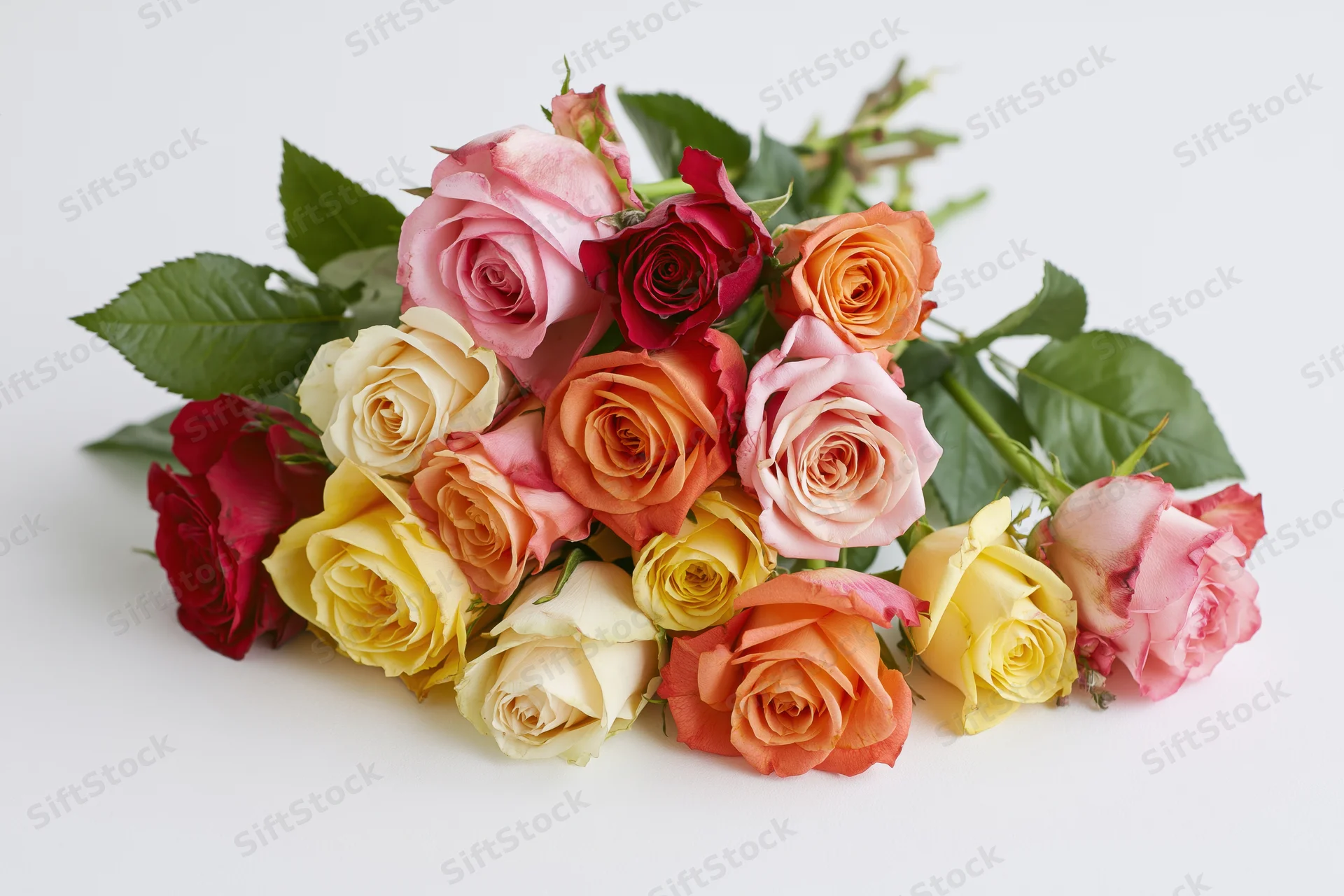 Loose bouquet of mixed roses lying flat on white surface