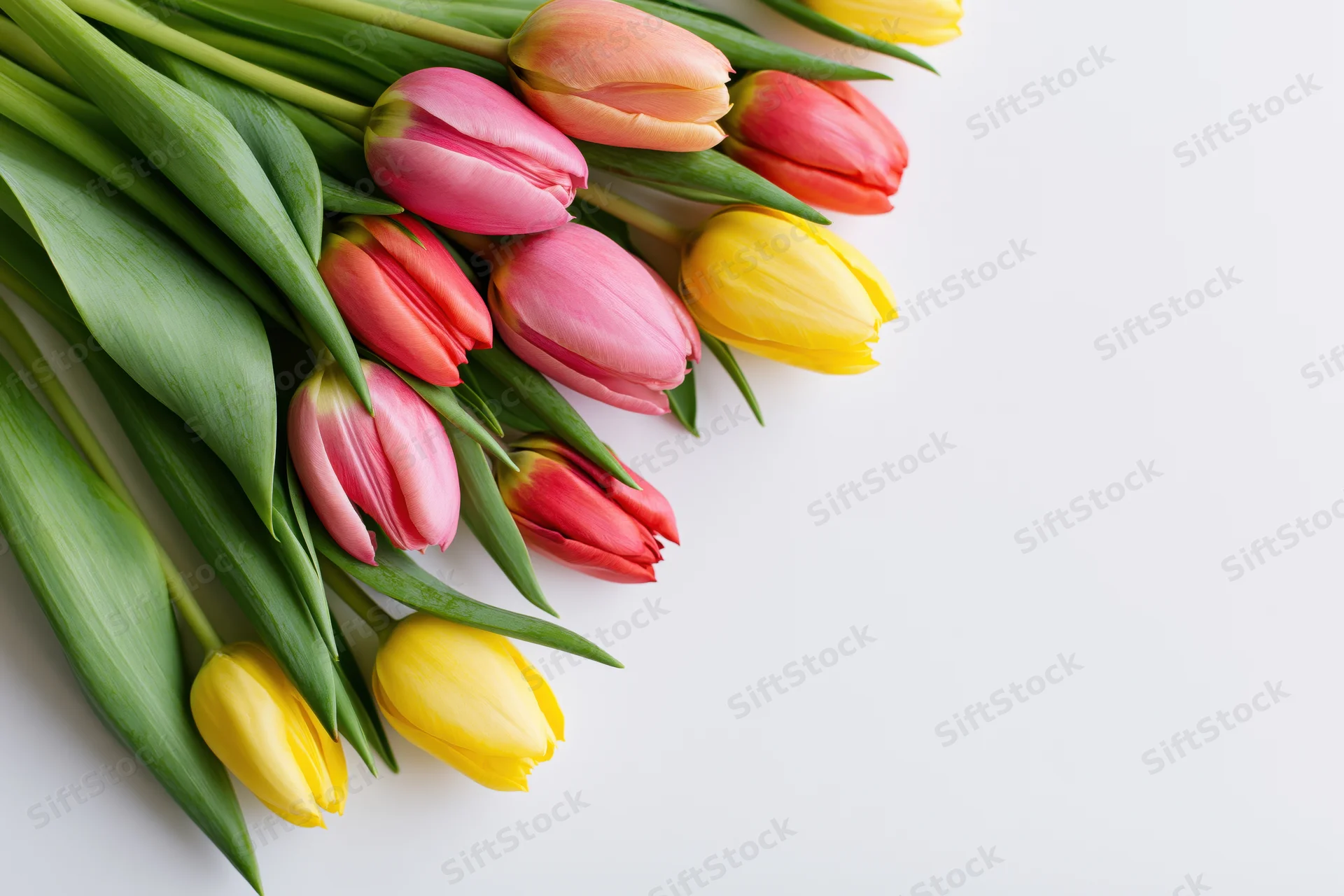 Loose bouquet of yellow pink and red tulips with green stems arranged on white background