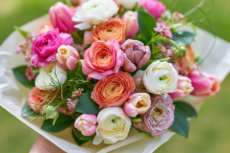 Hand holding a mixed bouquet of ranunculus and tulips wrapped in paper with green foliage and pastel blooms
