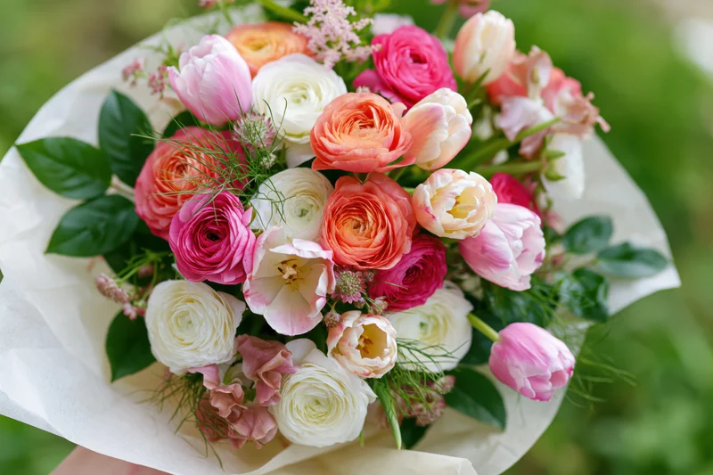 Hand holding a mixed bouquet of ranunculus and tulips with greenery and filler flowers wrapped in white paper
