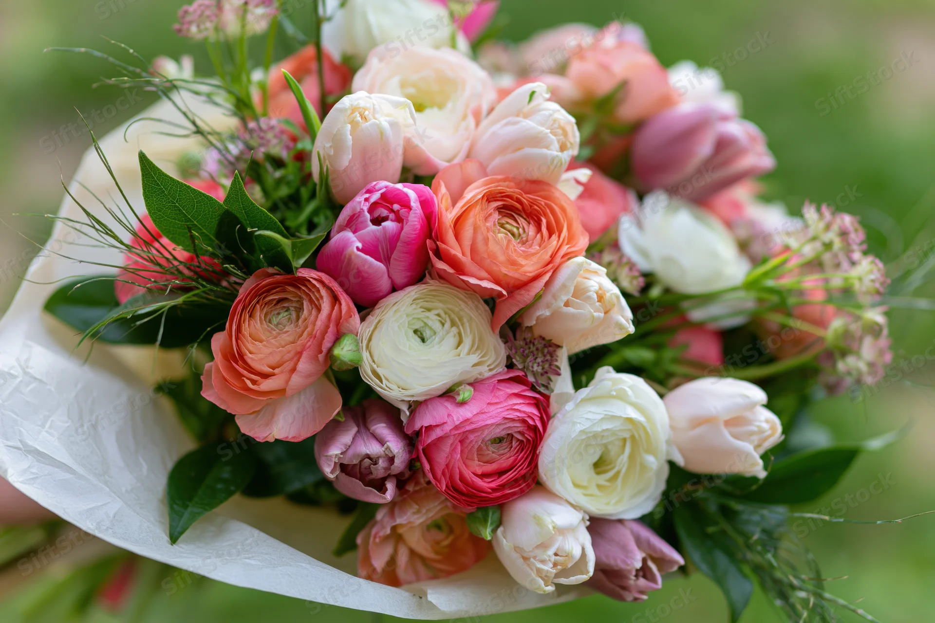 A lush mixed bouquet of ranunculus and tulips with small filler flowers wrapped in white paper