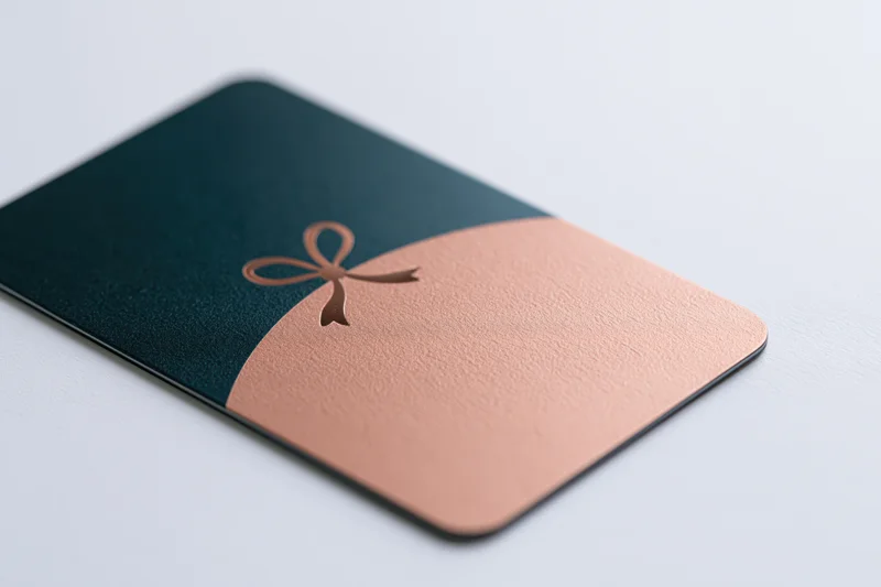 Luxury gift card lying flat at an angle on white surface with teal and rose gold design and embossed bow