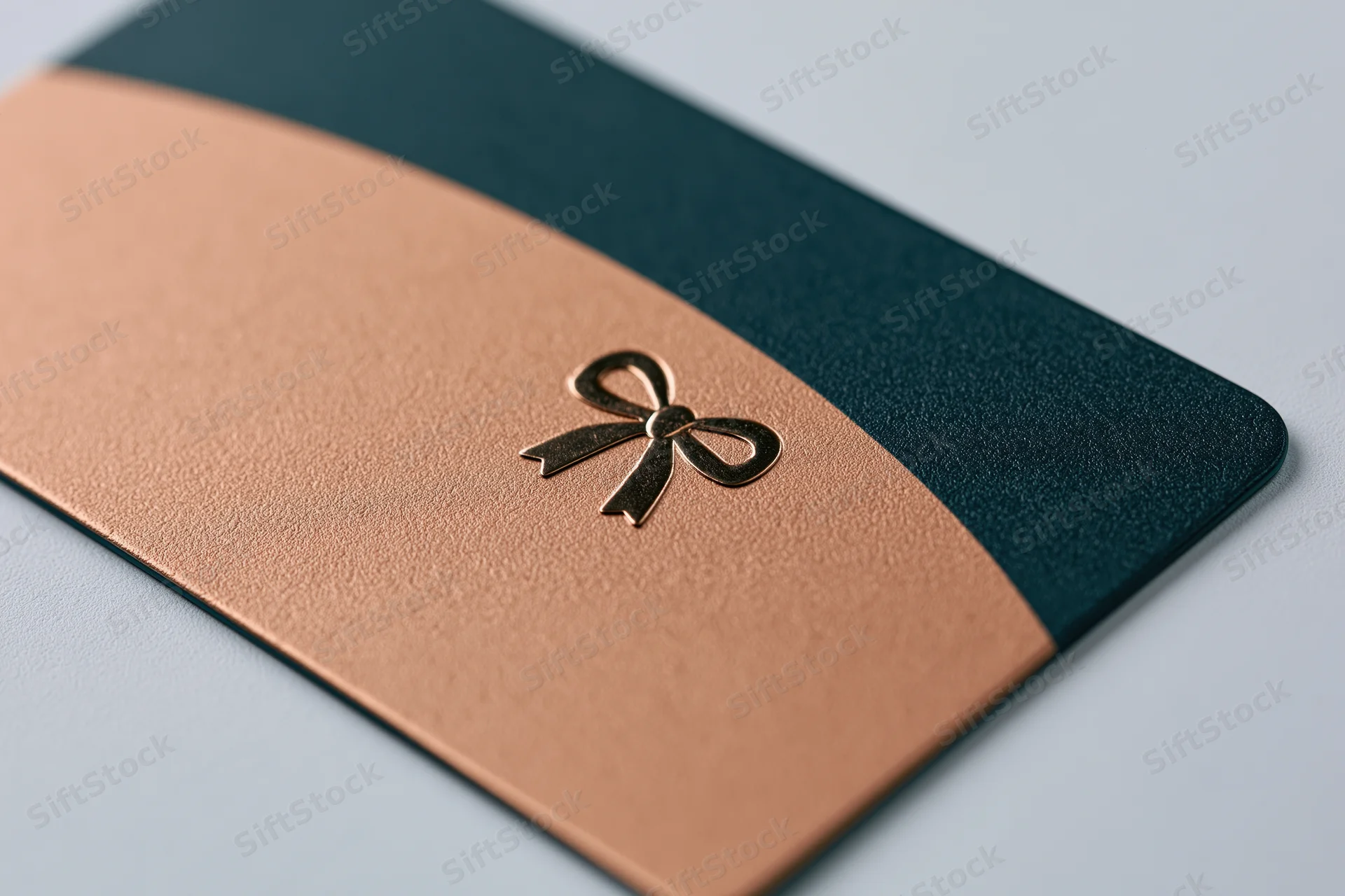Luxury gift card with embossed bow lying flat at an angle on a smooth surface