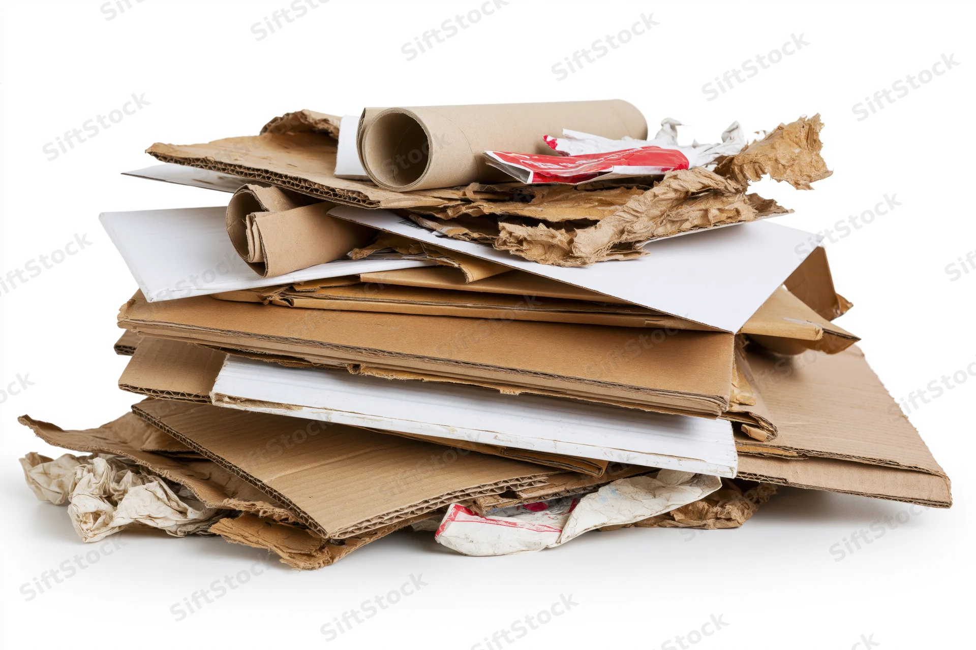 A messy pile of flattened cardboard boxes and torn packaging material on a white background