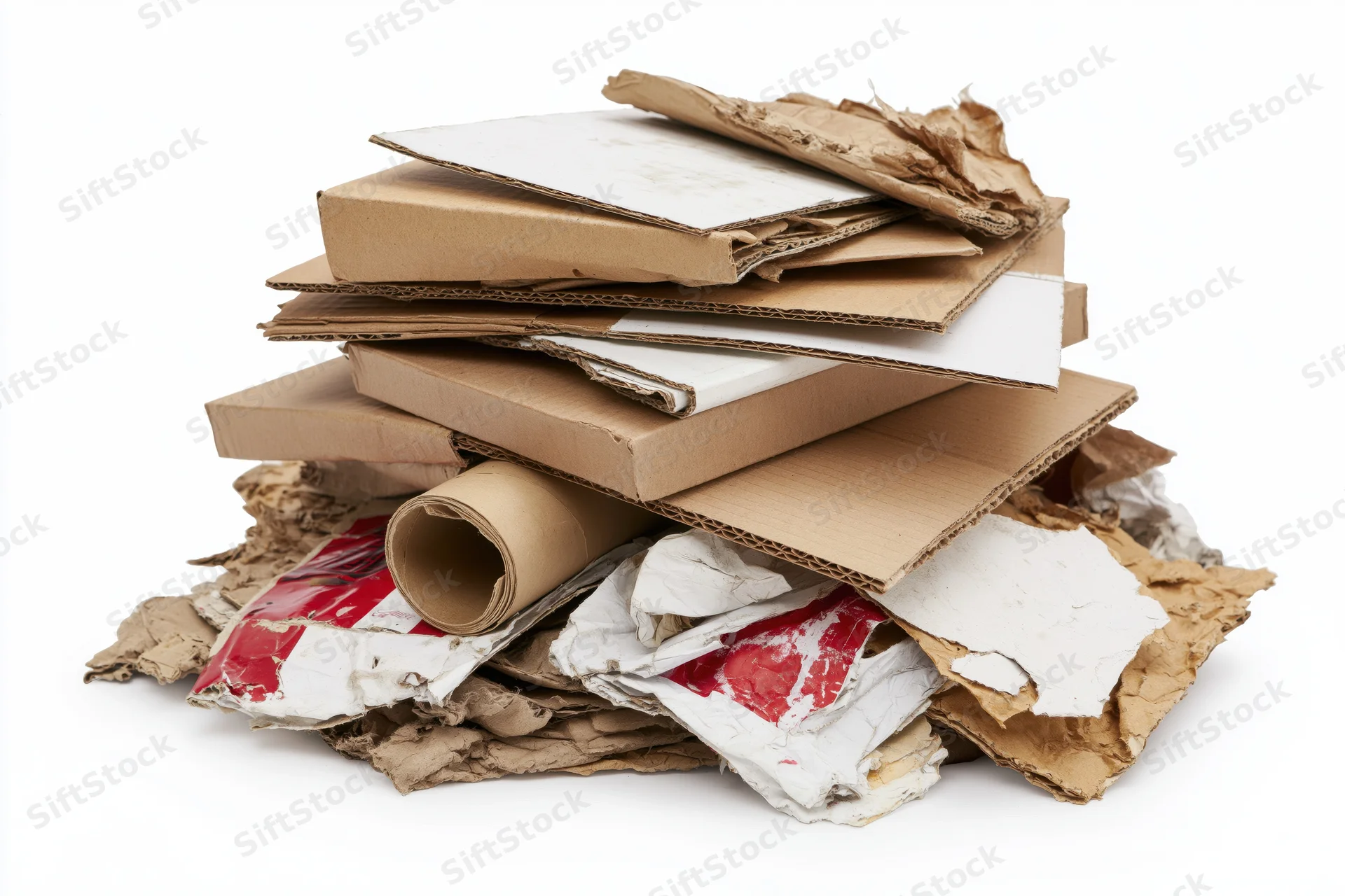 A messy pile of flattened cardboard boxes and torn packaging material isolated on white