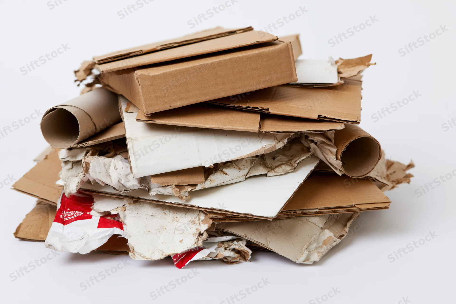 Pile of flattened and torn cardboard boxes and packaging waste on white background