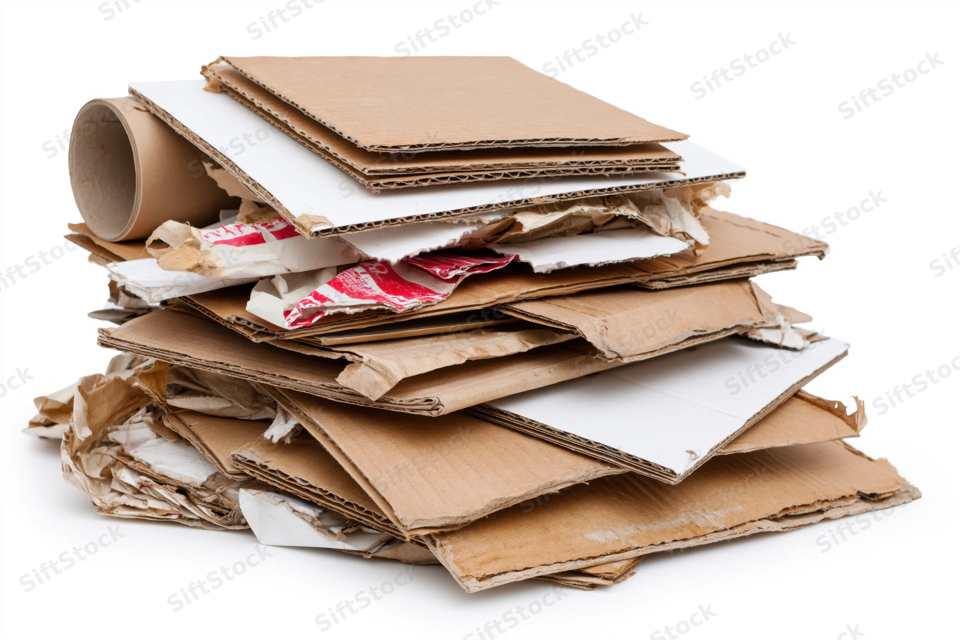 A messy pile of flattened cardboard boxes and torn packaging material isolated on white
