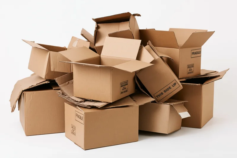 A messy pile of open and collapsed corrugated cardboard shipping boxes on a white background