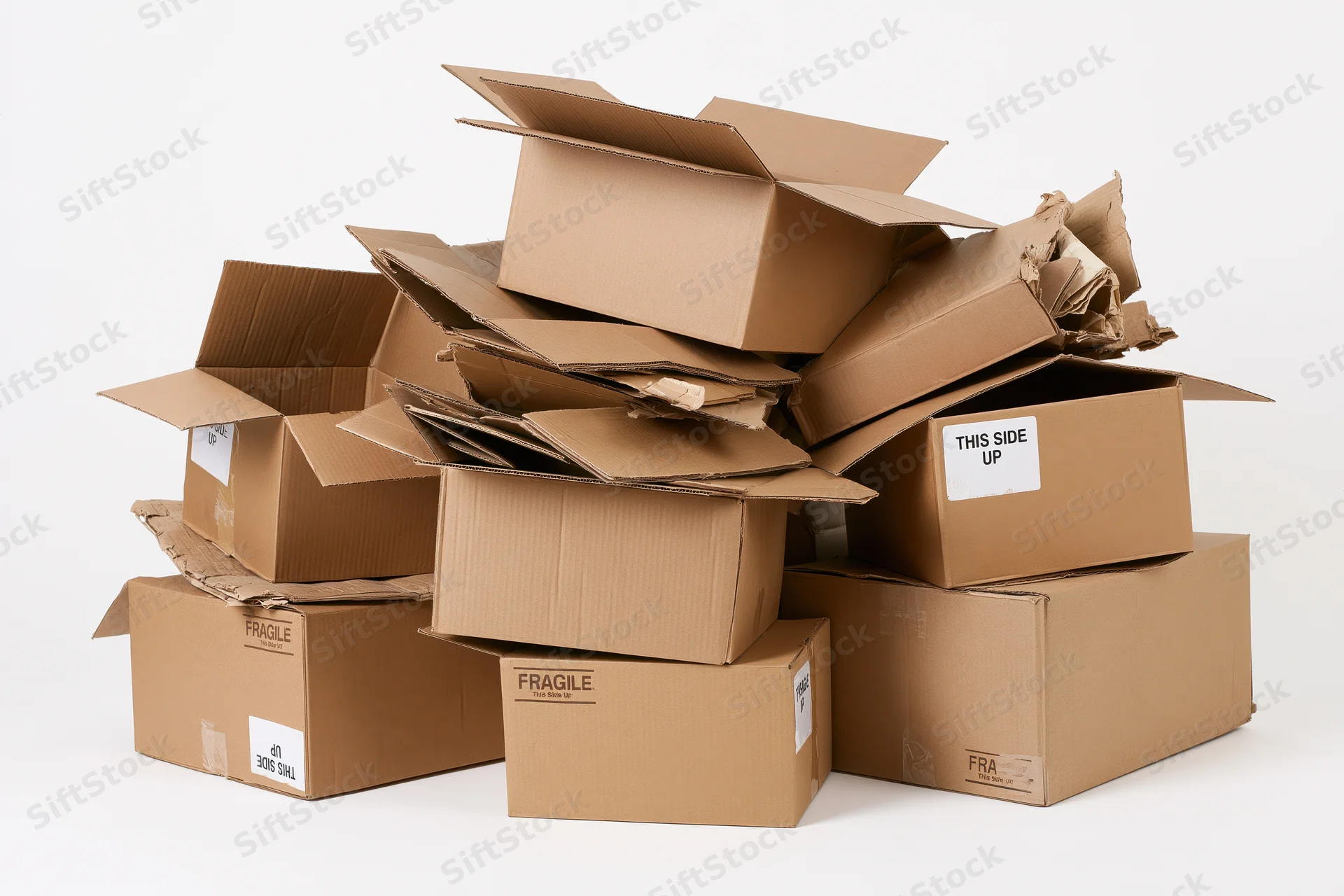 Messy pile of open and collapsed cardboard shipping boxes on white background
