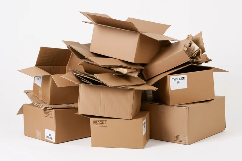 Messy pile of open and collapsed cardboard shipping boxes on white background