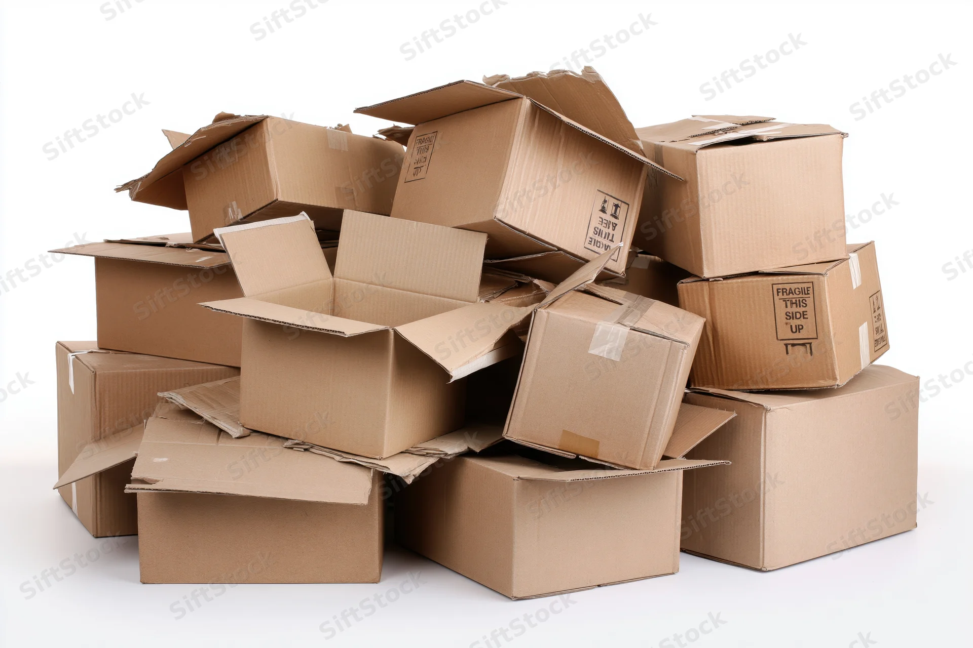 A messy pile of open and collapsed corrugated cardboard shipping boxes on a white background