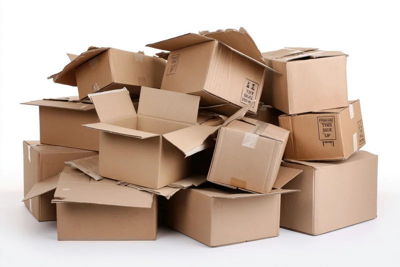 A messy pile of open and collapsed corrugated cardboard shipping boxes on a white background