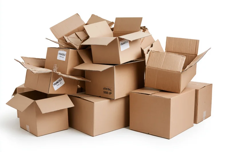 Messy pile of open and collapsed cardboard shipping boxes on white background