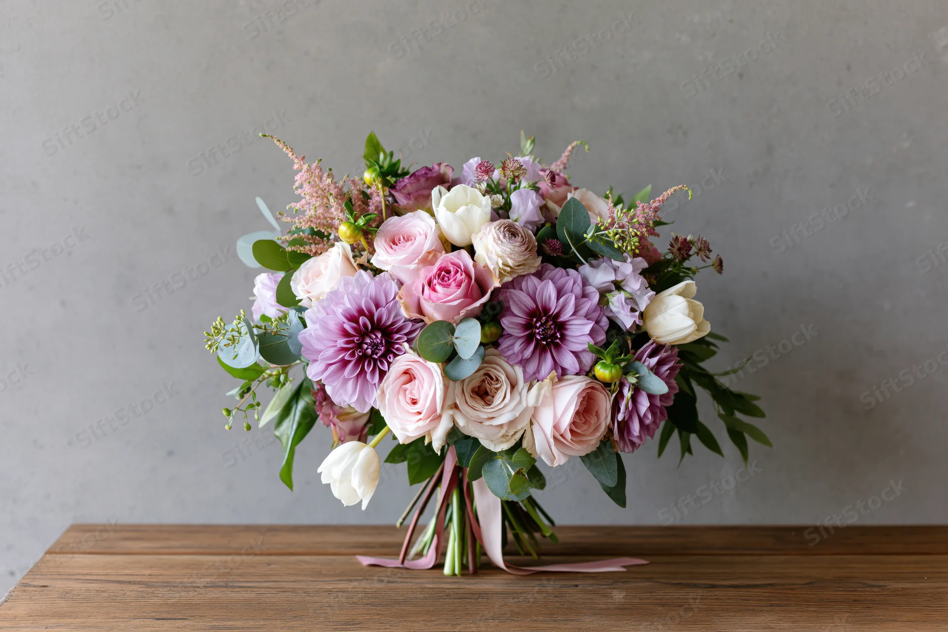 Mixed flower bouquet with pink roses, purple dahlias, and white tulips arranged on a wooden table